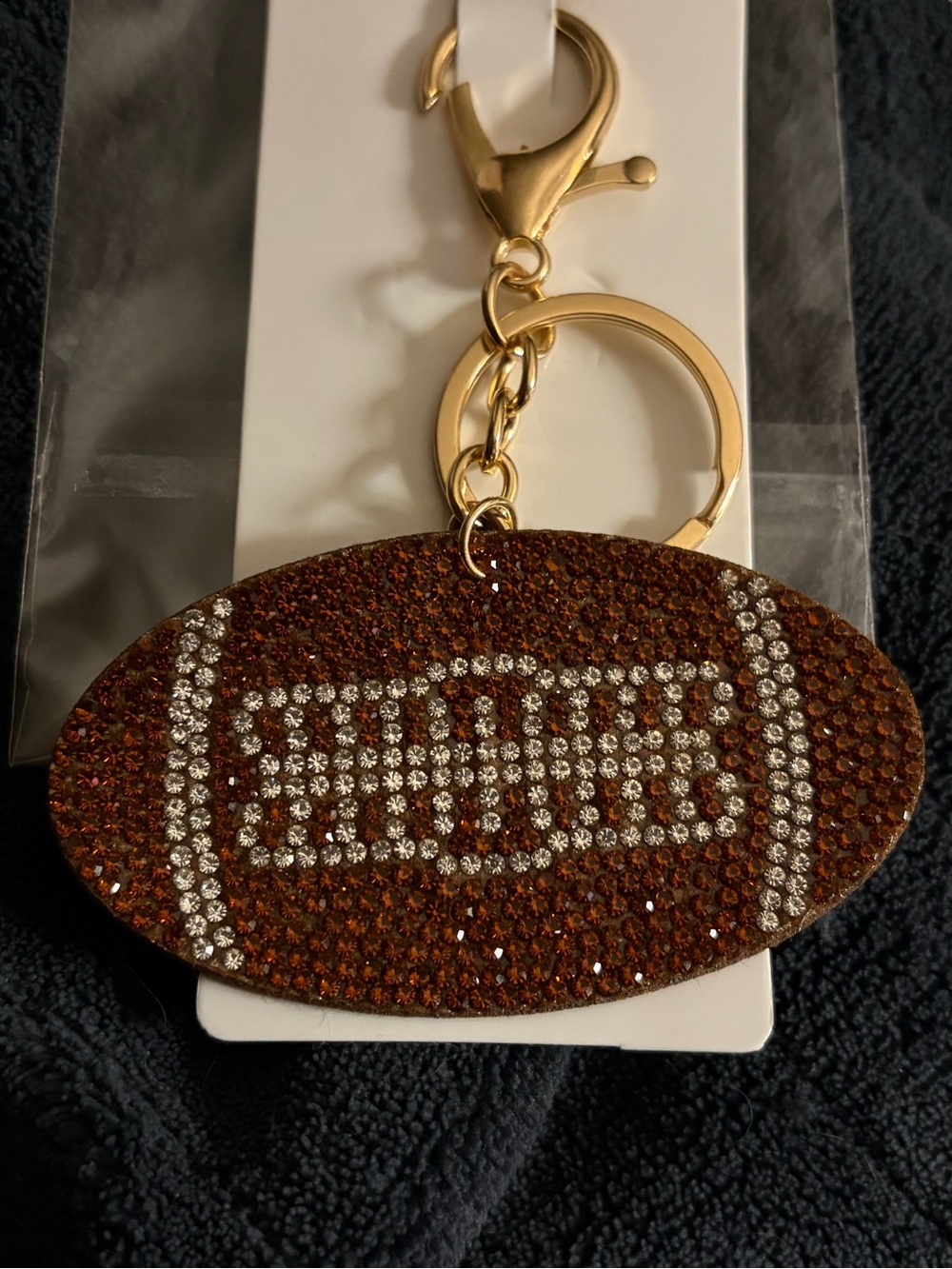 Crystal-Embellished Brown Football Keychain with Gold Hardware